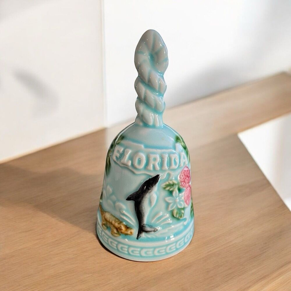 VTG Porcelain Bell Florida Teal Green Flamingo Dauphin GF Japan